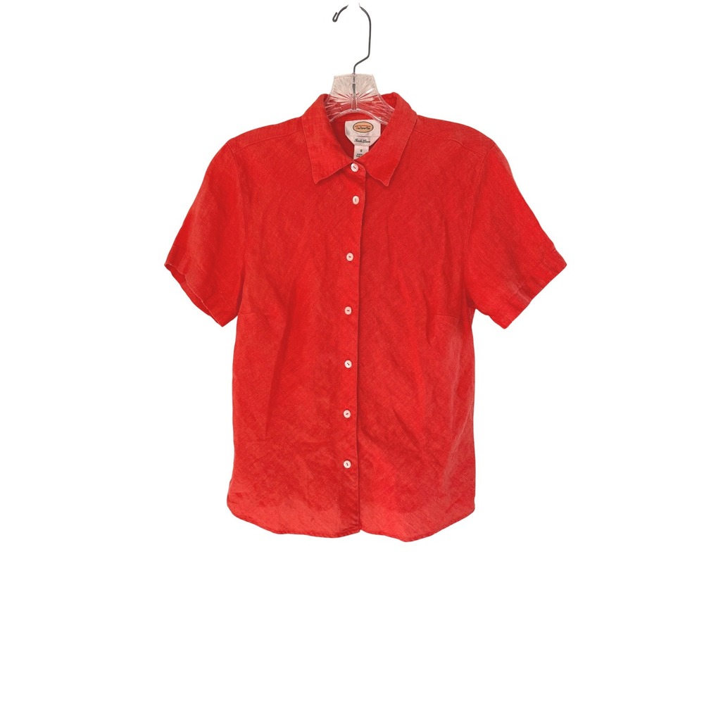 Talbots Irish Linen Button Up Short Sleeve Shirt Women's Collared Orange Size 8
